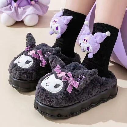 Kuromi Cotton Slippers for Women — Cute Cartoon Anti-Slip Home Shoes, Thickened Autumn & Winter Footwear