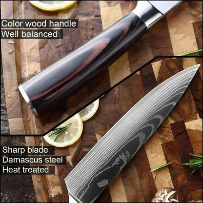 Laser Damascus Kitchen Knife Set – Cleaver, Meat, Fruit, Bread, Boning Knife and Chicken Scissors for Barbecue and Home Cooking