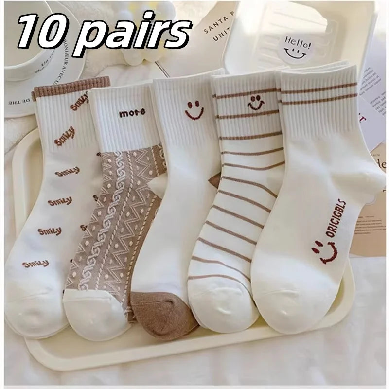 5 Pairs Happy Face Crew Socks – Cartoon Cat Cotton Mid Tube Socks, Breathable Women's Stockings & Hosiery