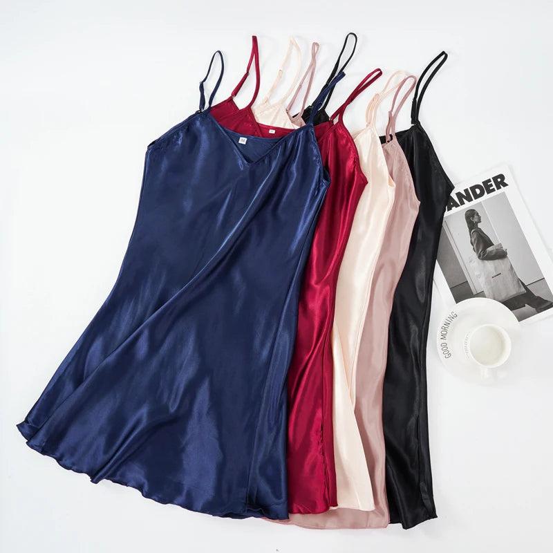 Women’s Silk Satin V-Neck Nightdress – Sleeveless Sexy Sleepwear Nightgown Plus Size Nightwear
