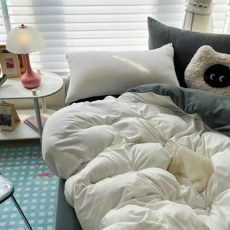 Cotton Bed Linen Bedding Set – Solid Sheet, Duvet Cover & Pillowcases for Single, Twin, Double, Queen & King Size