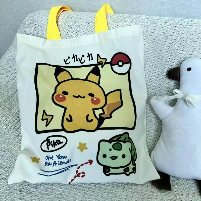 Pokemon Canvas Shoulder Bag - Pikachu Psyduck Squirtle Large Capacity Reusable Casual Handbag for Women Shopping