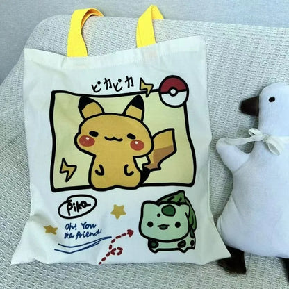 Pokemon Canvas Shoulder Bag - Pikachu Psyduck Squirtle Large Capacity Reusable Casual Handbag for Women Shopping