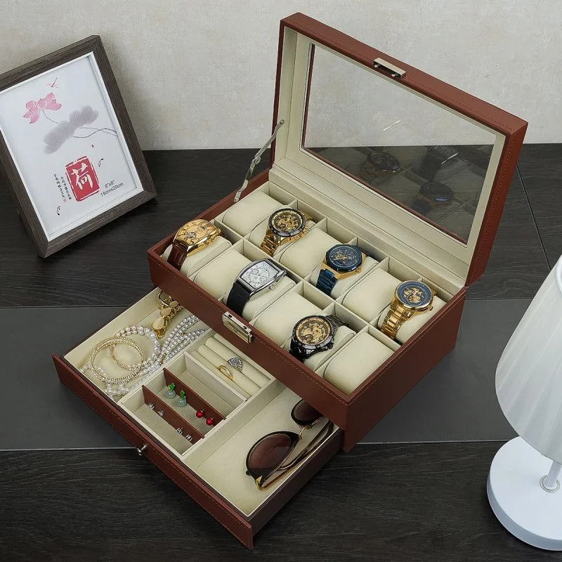 PU Leather Jewelry & Watch Organizer Box — Storage Case for Rings, Earrings, Bracelets, Perfect Gift Casket