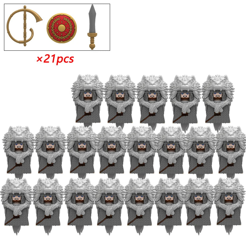 21PCS MOC Medieval Knights & Roman Legion Soldiers Building Blocks Set Warrior Figures with Weapons Helmet Bricks Toy Collection