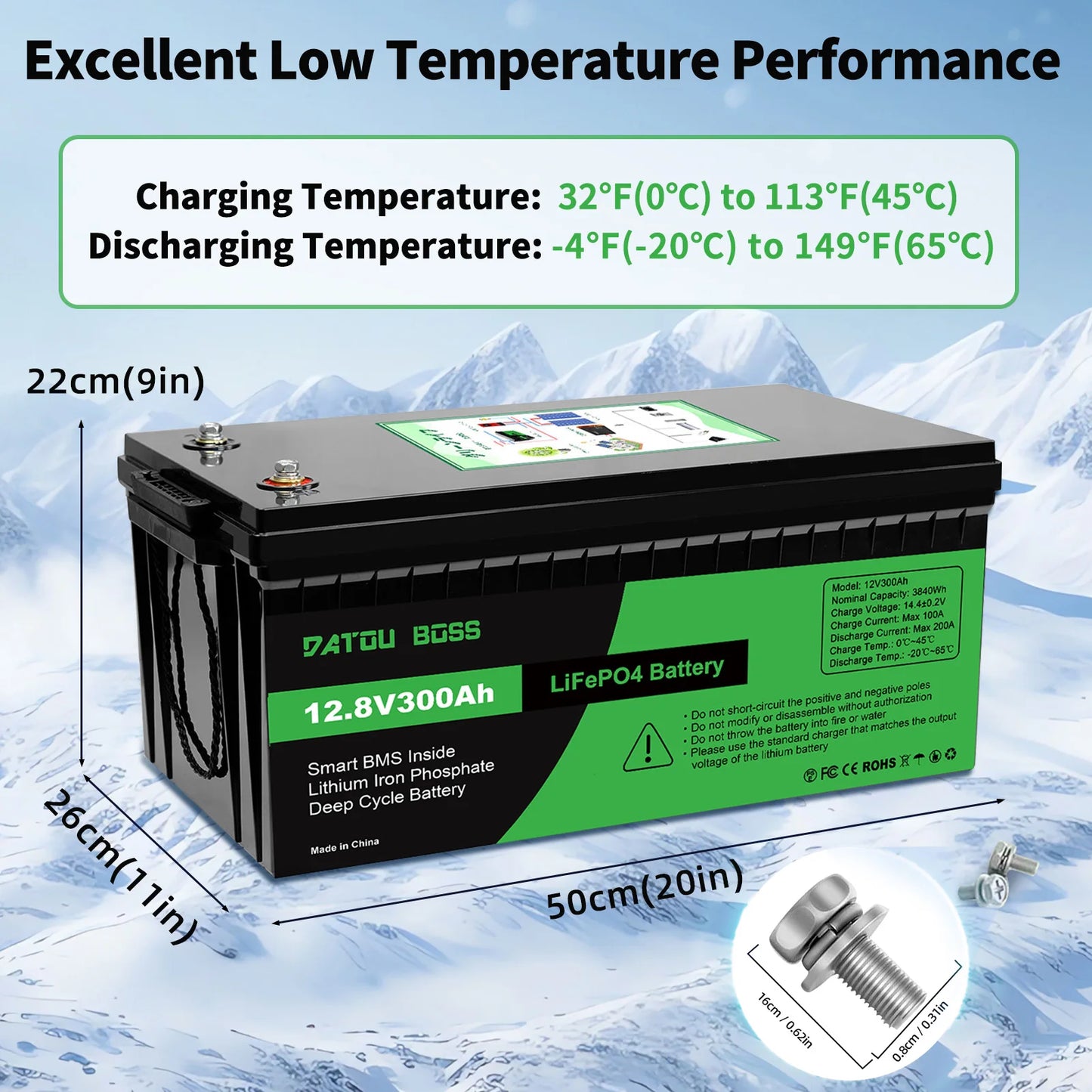DATOUBOSS 12V 100Ah LiFePO4 Battery — 1280Wh Lithium Battery with 100A BMS, 8000-15000 Deep Cycles, Series/Parallel Support