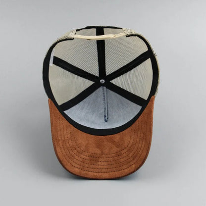 Custom Logo Suede Five Panel Cap - Leather Label Mesh Trucker Hat for Men & Women