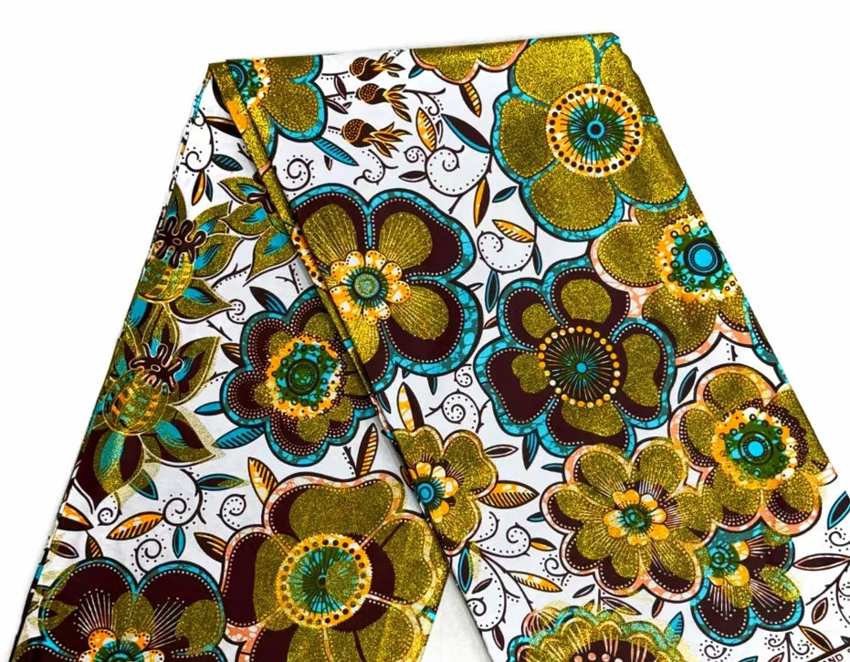 Grand Super African Wax Fabric - 100% Cotton Nigerian Glitter Glam Gold Ankara Print for Sewing