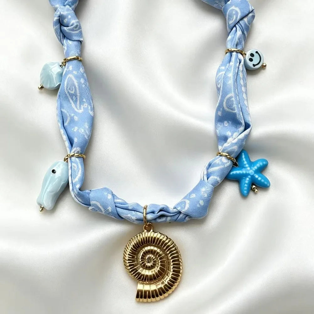 Bohemian Fabric Scarf Necklace - Sea Life, Heart & Floral Charm Pendant Vacation Jewelry Gift for Women