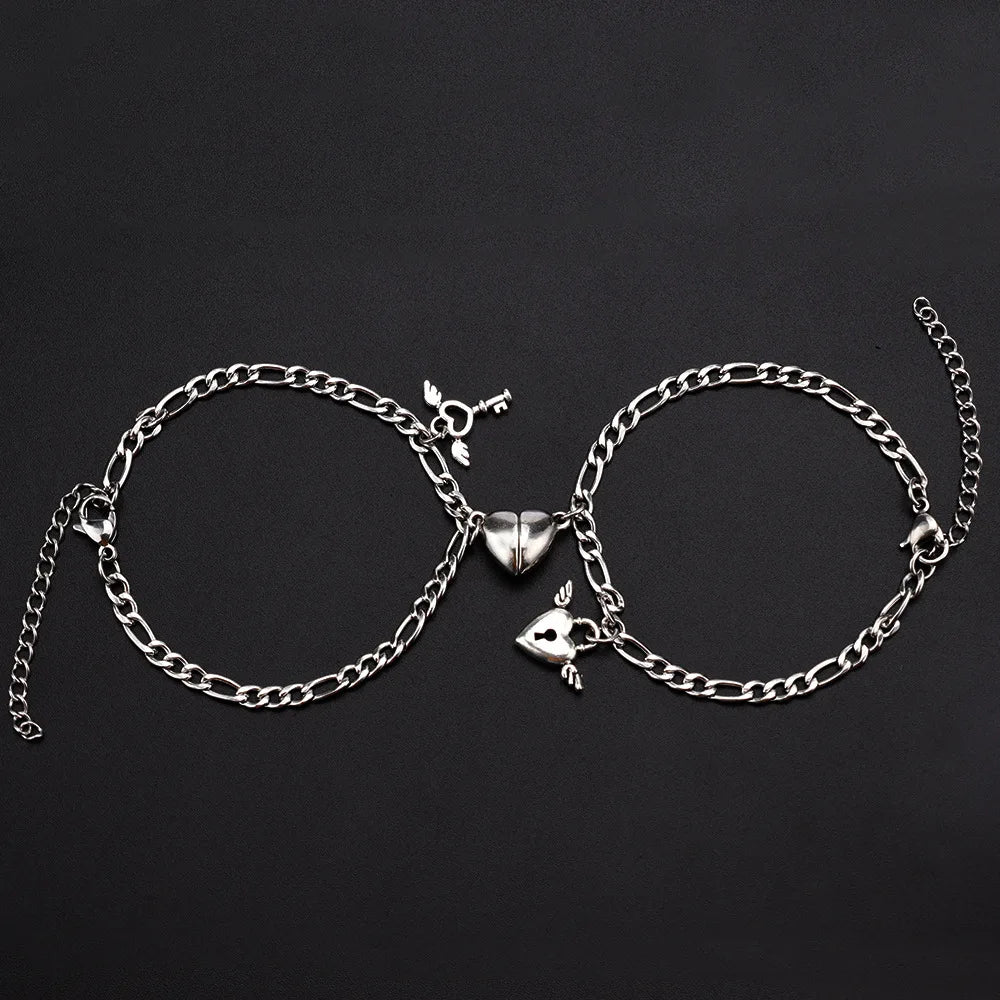 2-Piece Magnetic Couple Bracelet Set - Stainless Steel Heart Charm Cuban Chain Jewelry Gifts