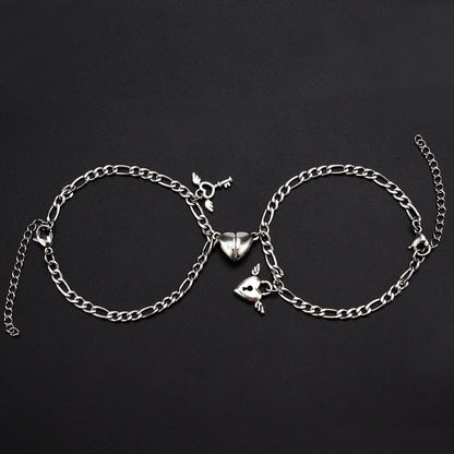 2-Piece Magnetic Couple Bracelet Set - Stainless Steel Heart Charm Cuban Chain Jewelry Gifts