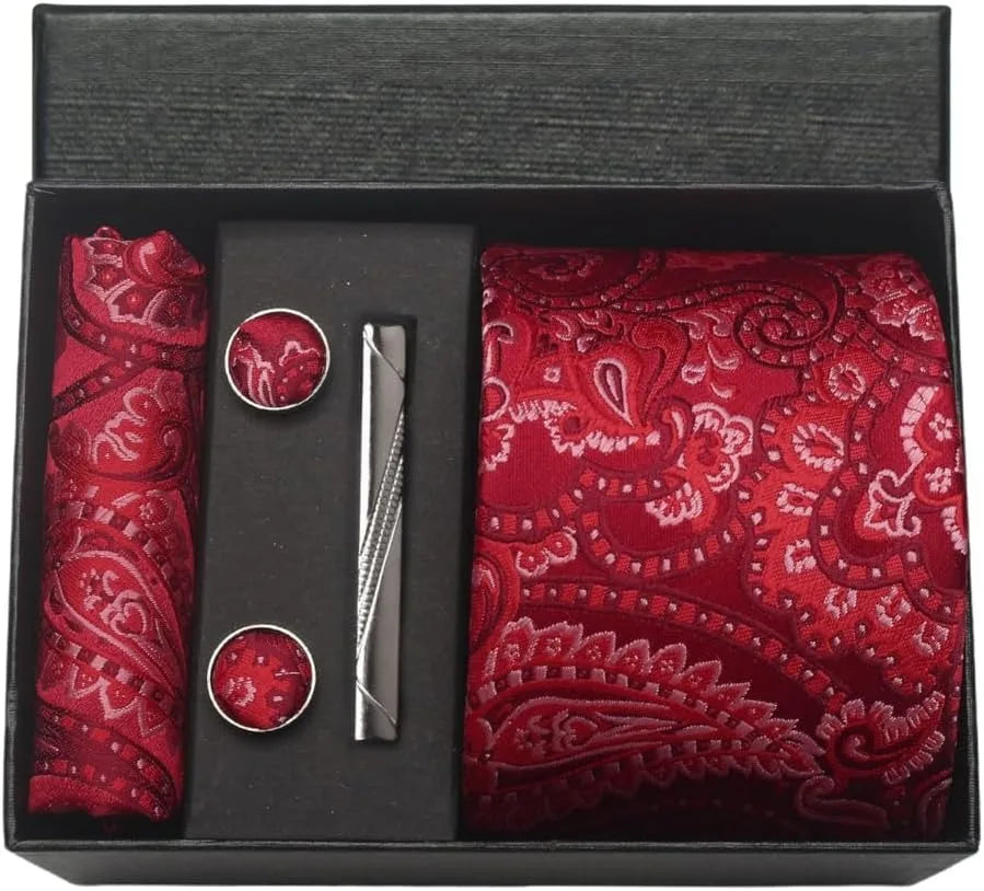 100% Silk Men’s Necktie Set with Paisley Floral Design, Business Tie with Pocket Square, Tie Clip & Cufflinks Gift Box Set for Men