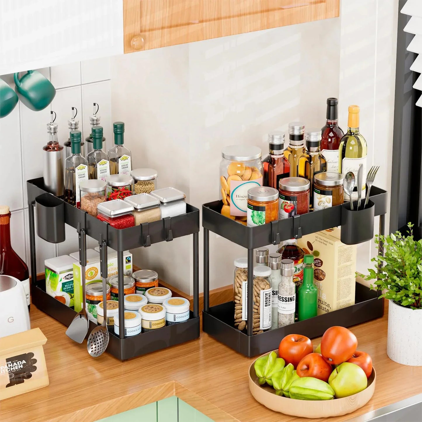 2-Tier Under Sink Sliding Cabinet Organizer — Basket Storage Rack with Hooks for Bathroom & Kitchen
