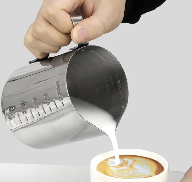Stainless Steel Milk Frother Jug — Latte Pitcher with Measurement for Coffee & Espresso Barista Tools