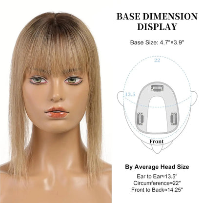 12 Inch Real Human Hair Topper with Bangs – Ombre Light Brown Silk Lace Base, 3-Clip Hair Extension for Women