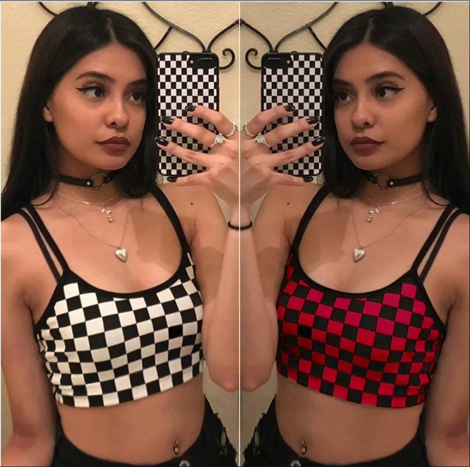 Women's Black Red Plaid Checkerboard Halter Crop Top – Sleeveless Bare Midriff Cami Tank