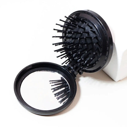 Mini Folding Head Massager & Mirror – Anti-Static Styling Comb for Wigs, Portable Travel Hair Brush