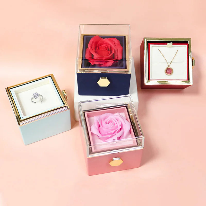 Rotating Eternal Rose Jewelry Box – Ring, Earrings, Necklace Storage, Perfect Wedding or Valentine’s Day Gift for Lovers