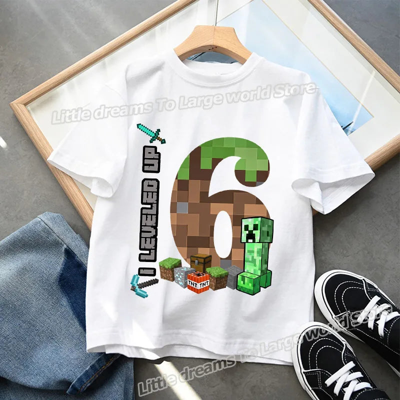 Miner Crafting Birthday Number T-Shirt – Cartoon Summer Short Sleeve Tops for Boys Party Gift