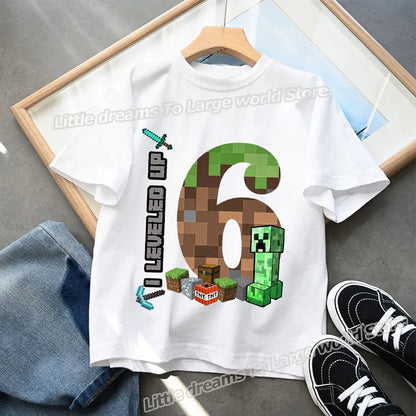 Miner Crafting Birthday Number T-Shirt – Cartoon Summer Short Sleeve Tops for Boys Party Gift