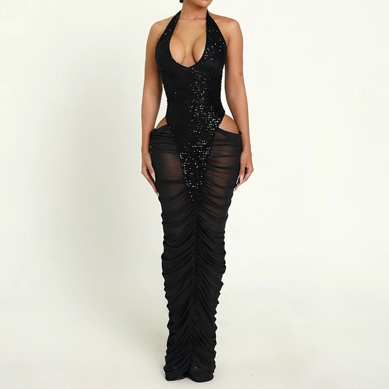 Women’s Summer Backless Sequin Dress - Sexy Sheer Slim Fit Irregular Beach & Party Skirt