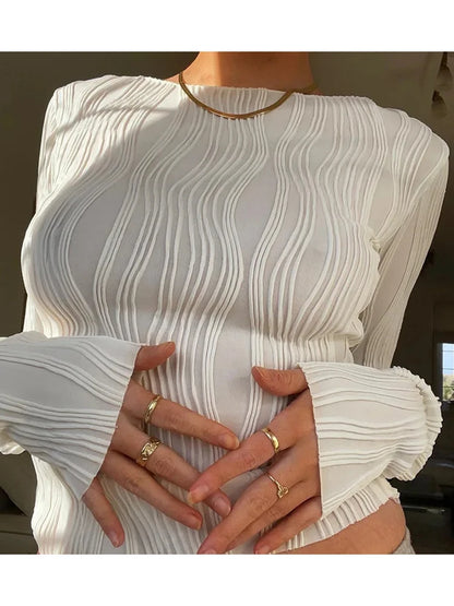 2024 Women's Ruched Long Sleeve T-Shirts - Casual White and Black Skinny Basic Tee, Fashionable Cropped Top for Y2K Street Style