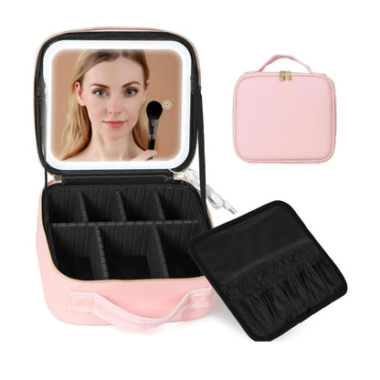 Travel Makeup Bag with LED Mirror — Makeup Train Case with Adjustable Dividers for Home, Gift & Vacation