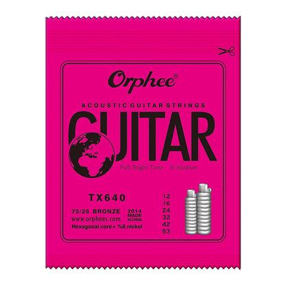 Orphee Acoustic Guitar Strings – 6Pcs/Set, Hexagonal Core, Full Bright Tone, TX620/TX630/TX640, Folk Guitar Accessories