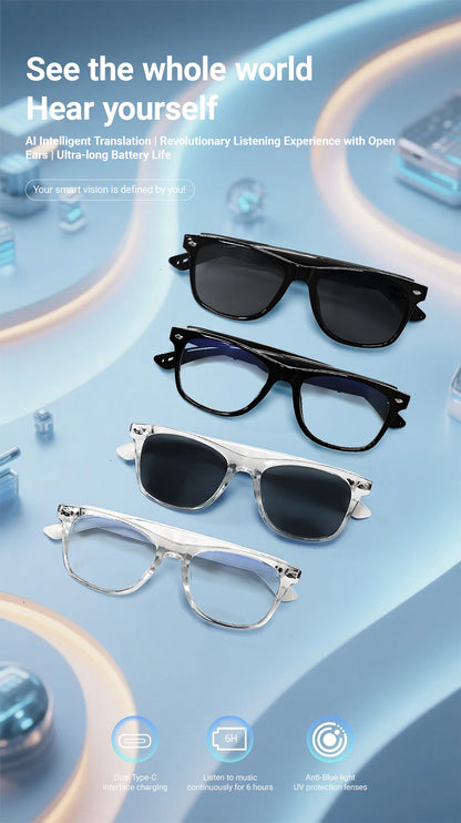 Smart Glasses with AI Translation – Supports 100+ Languages, Bluetooth TWS, Calls, Music, Noise Reduction & Light Control for Men & Women