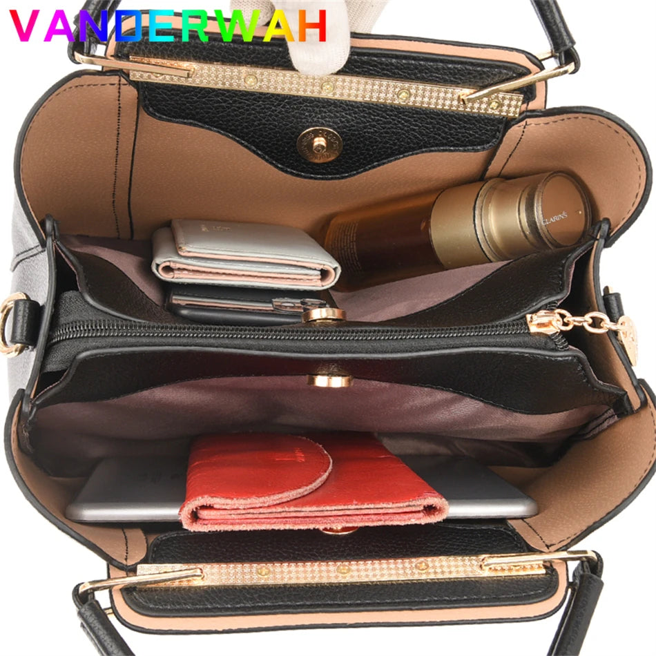 Women’s Soft Leather Luxury Handbag – Designer 3-Layer Large Capacity Shoulder & Crossbody Tote Bag
