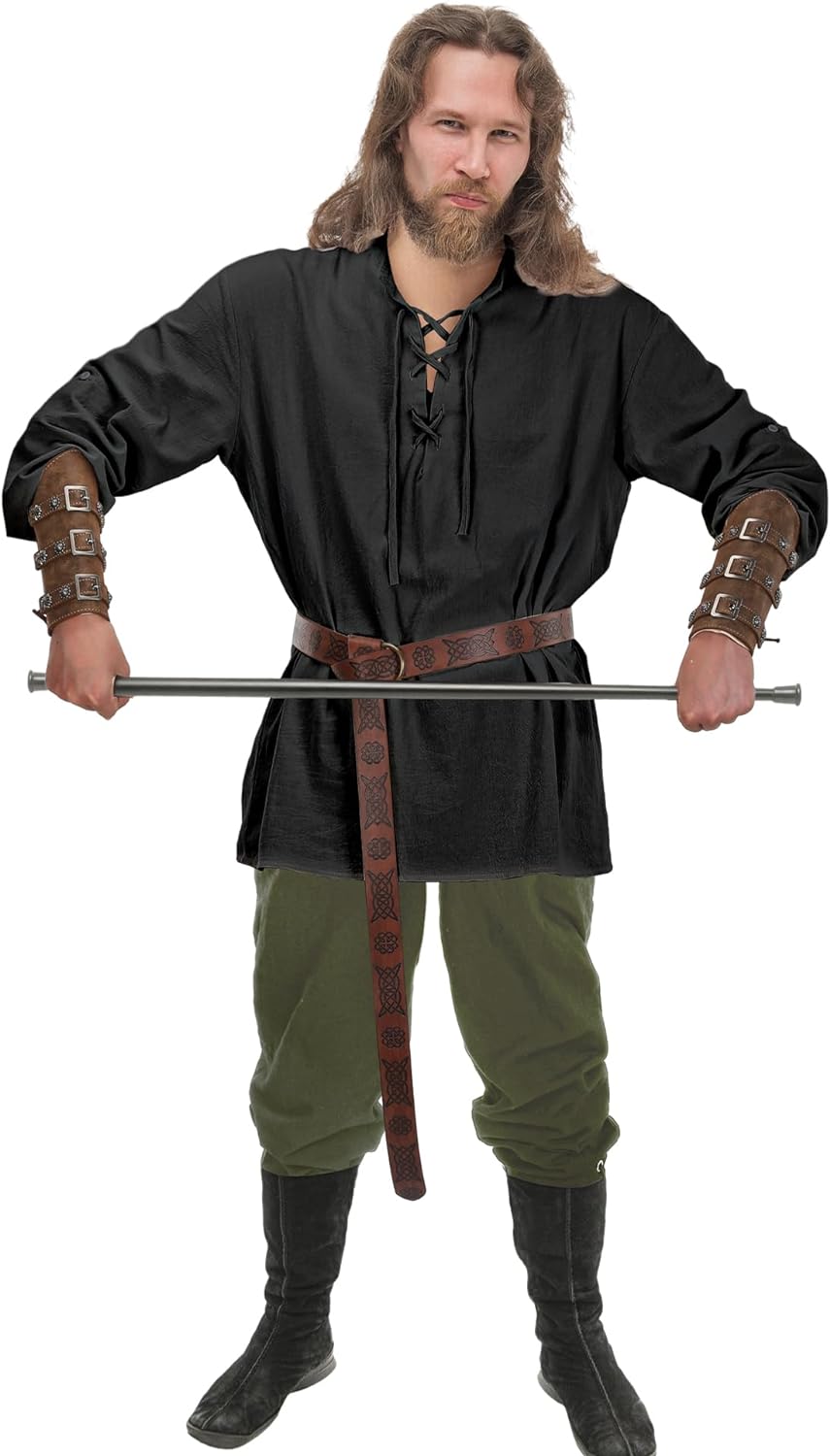 Jiuguva 4-Pcs Halloween Men's Renaissance Costume Set – Medieval Pirate Shirt, Ankle Banded Pants & Viking Belt Accessories