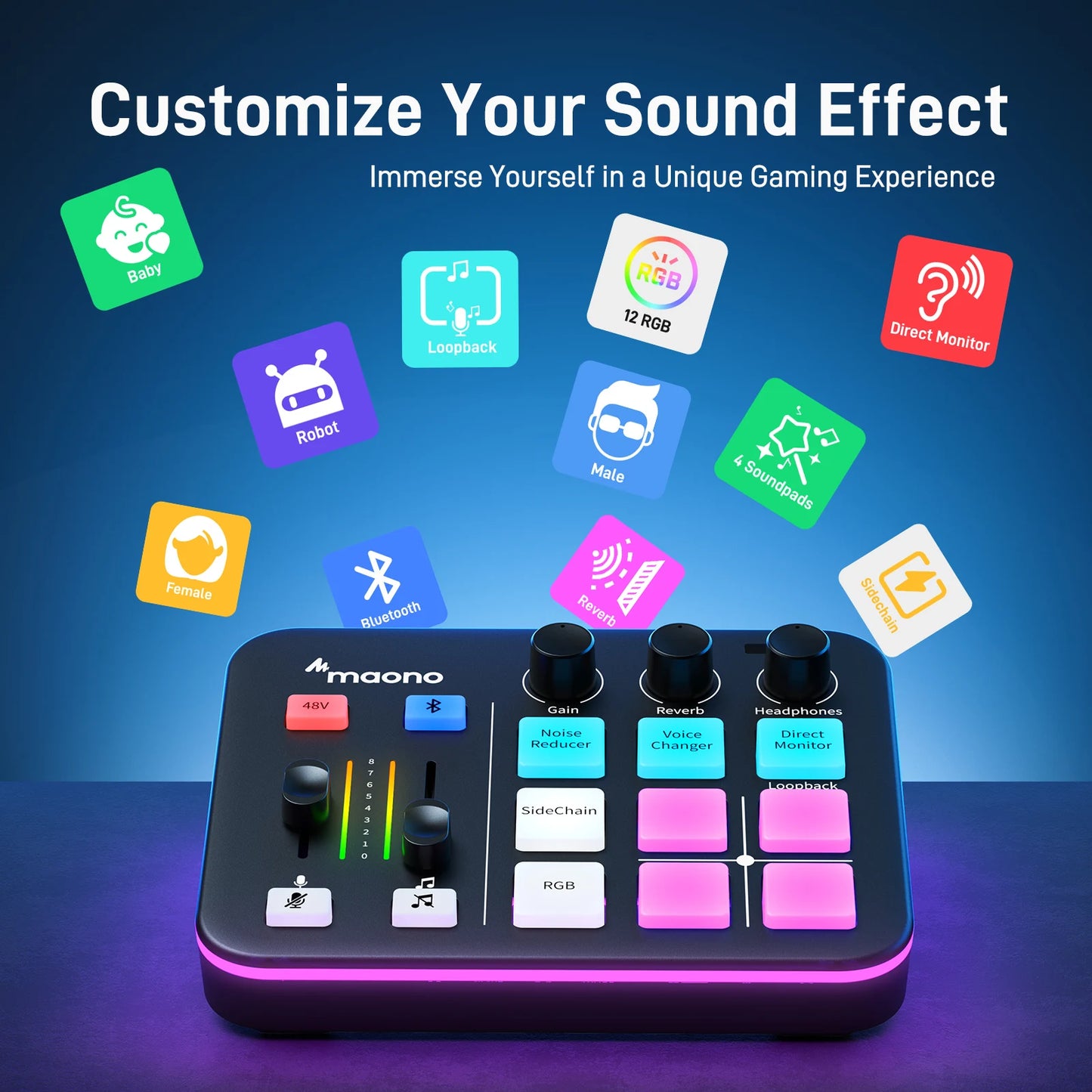MAONO G1 NEO Gaming Audio Mixer - RGB Streaming Sound Effects Controller with XLR Microphone Interface