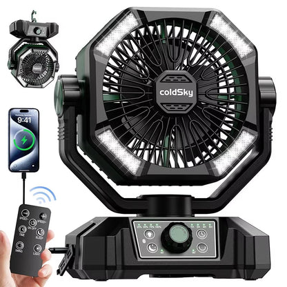 coldSky Portable Camping Fan — 4 LED Lanterns, 8 Speeds, 20000mAh Battery for Outdoor Use