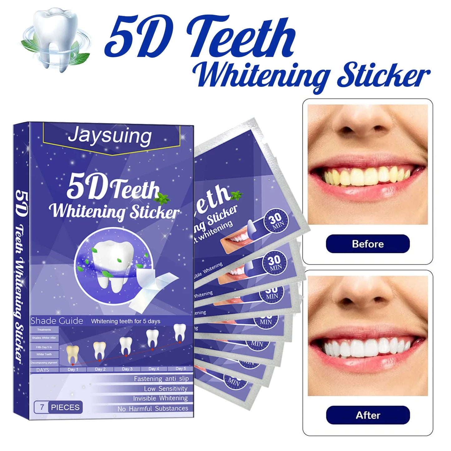 5D Whitening Teeth Stickers – 7/14 Pairs Gel Strips for Stain Removal, Dental Bleaching & Oral Hygiene Care