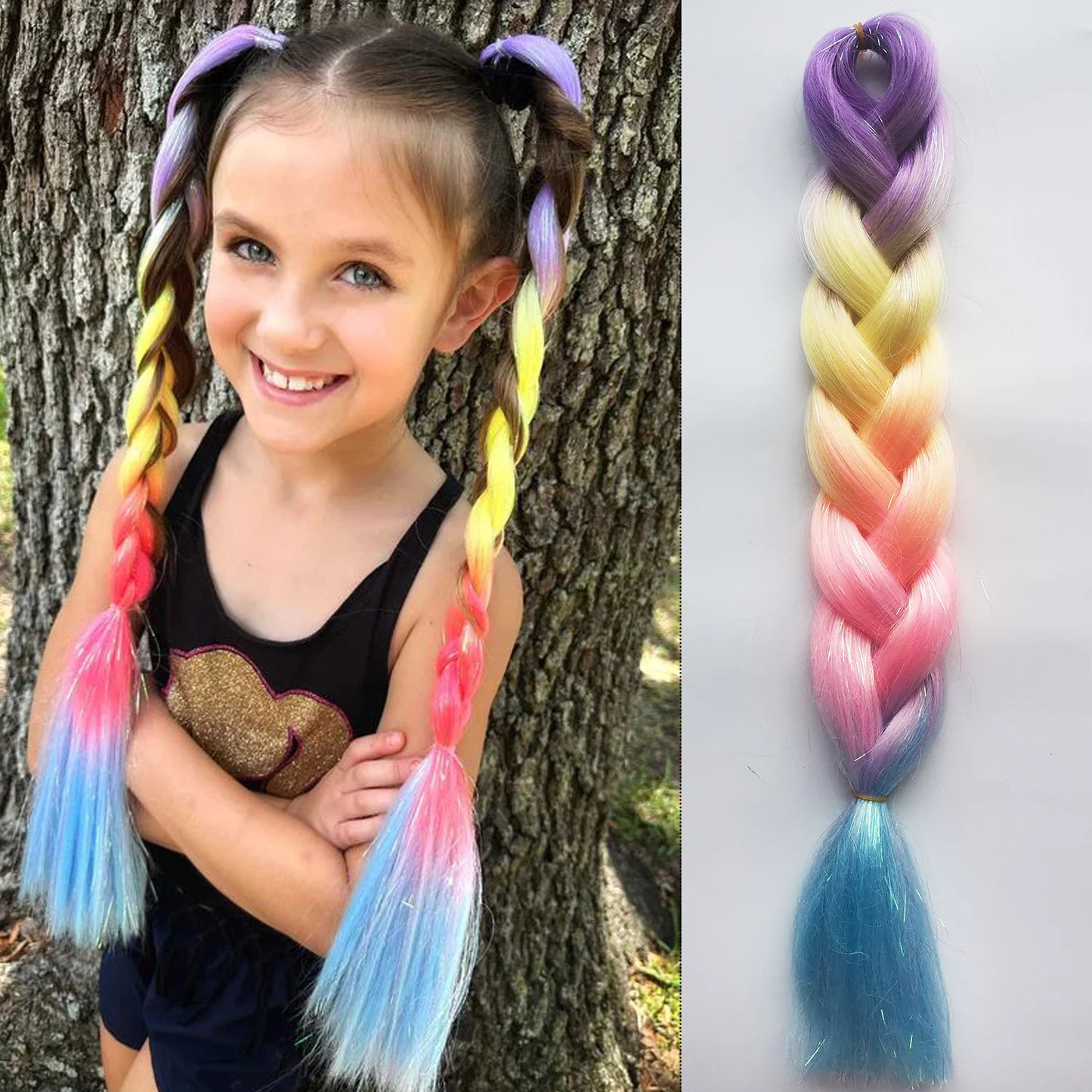 Purple, Pink & White Ombre Straight Braids – Hair Tinsel Festival Rave Extensions for Girls, Crazy Hair Day Braids