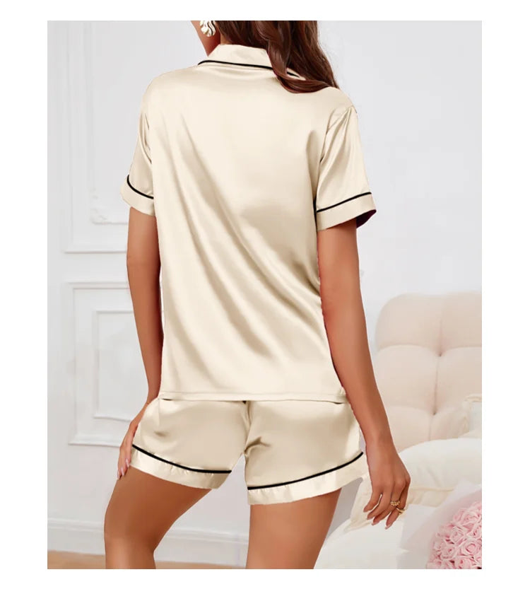 Women's Satin Pajamas Set – Summer Two-Piece Sleepwear with Button-Down Top and Shorts, Comfortable Nightwear Loungewear