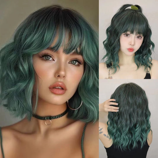 Short Wavy Green Synthetic Wig for Women – Green Cosplay Bob Wig with Bangs, Lolita Party Hair, Heat-Resistant Natural Fake Hair