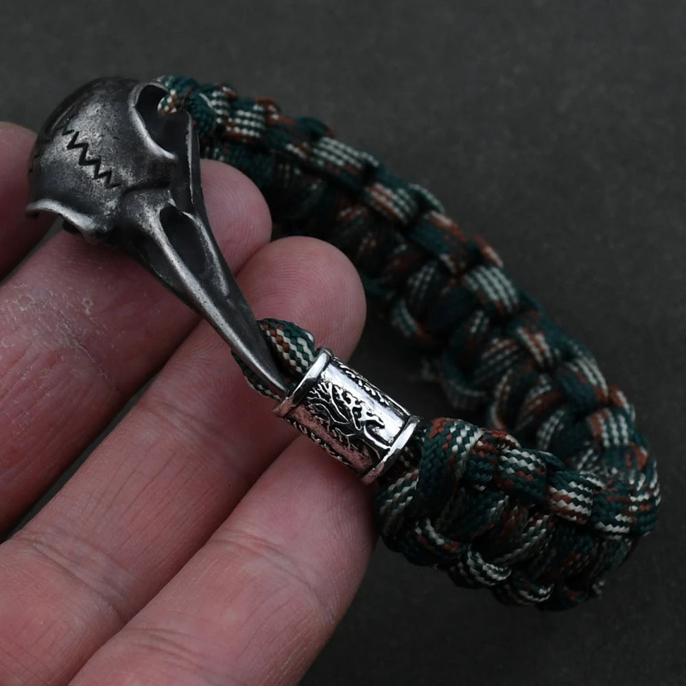 Odin Crow Skeleton Viking Bracelet - Norse Rune Bead Paracord Rope Valknut Eagle Pendant Amulet Jewelry Gift
