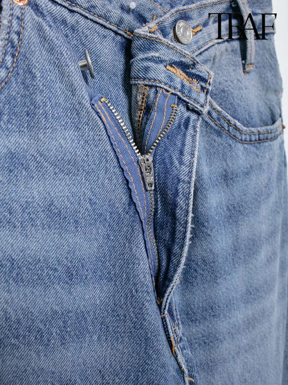 TRAF Women’s Basic Hundred Jeans — High Waist Asymmetric Wide-Leg Trousers, Casual Straight-Leg Fashion Jeans