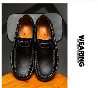 Handmade Leather Men’s Loafers – Casual Slip-On Flats, Comfortable Outdoor Walking Shoes