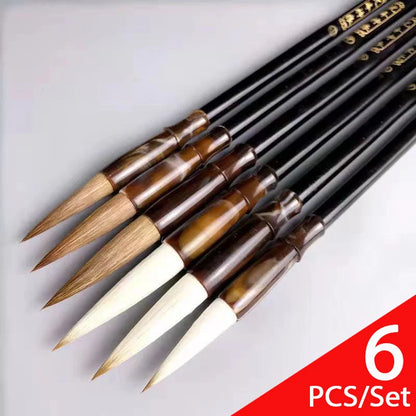 6PCS Chinese Calligraphy Brush Pen Set – Wool & Weasel Hair Brushes for Painting & Script Writing
