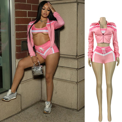 2025 Trending Women’s Summer 3-Piece Tracksuit – Color Block Sports Bra, Jacket & Shorts Gym Workout Set