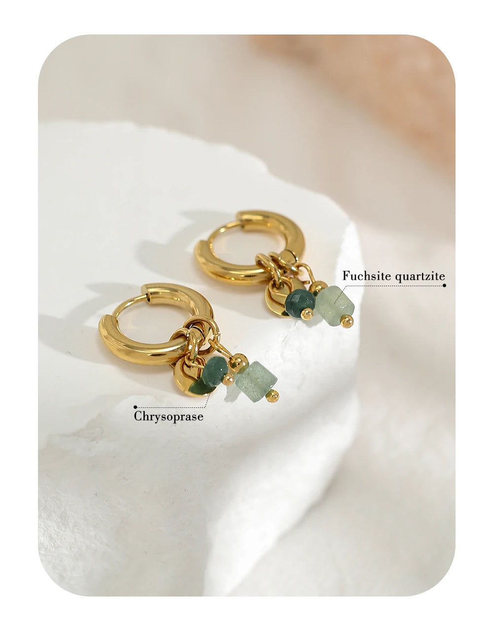 YACHAN 18K Gold-Plated Stainless Steel Hoop Earrings — Vintage Green Stone Charms, Trendy Waterproof Jewelry for Women