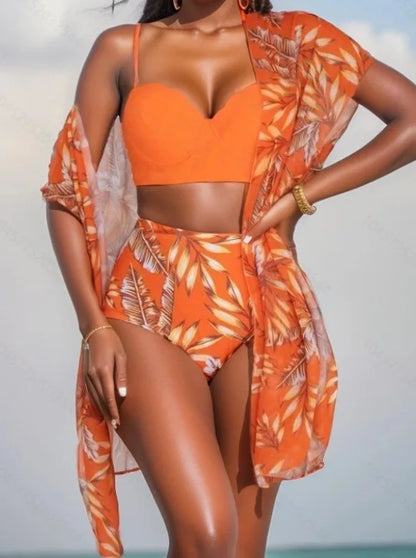 Elegant 3-Piece Vintage Bikini Set for Women – High Waist Swimsuit with Mesh Cover-Up 2025 Bathing Suit
