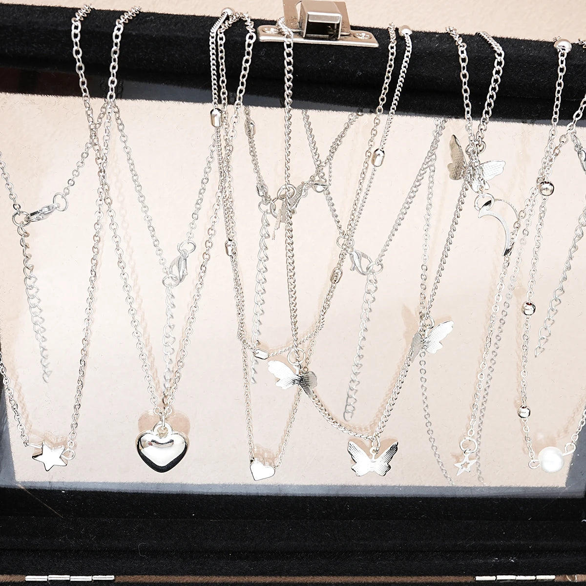 51Pcs Silver Butterfly Pearl Jewelry Set - Chic Heart Necklace Earrings Rings Fashion Accessories for Women Daily Wear