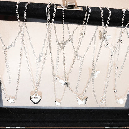 51Pcs Silver Butterfly Pearl Jewelry Set - Chic Heart Necklace Earrings Rings Fashion Accessories for Women Daily Wear