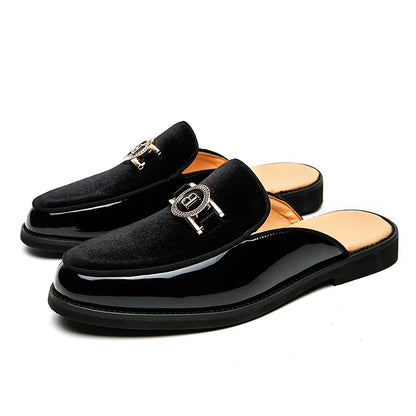 Men’s Suede Half Slippers - Patchwork Casual Metal Buckle Breathable Mules Driving Moccasin Shoes