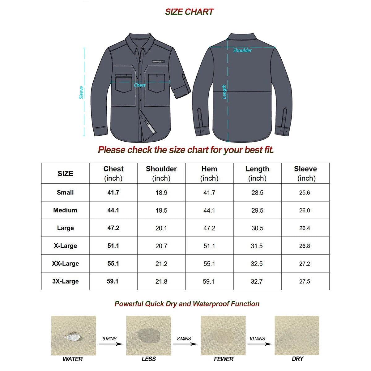 Men's UPF 50+ Long Sleeve Fishing Shirt – Sun Protection Breathable Hiking & Work Shirt with Zipper Pocket