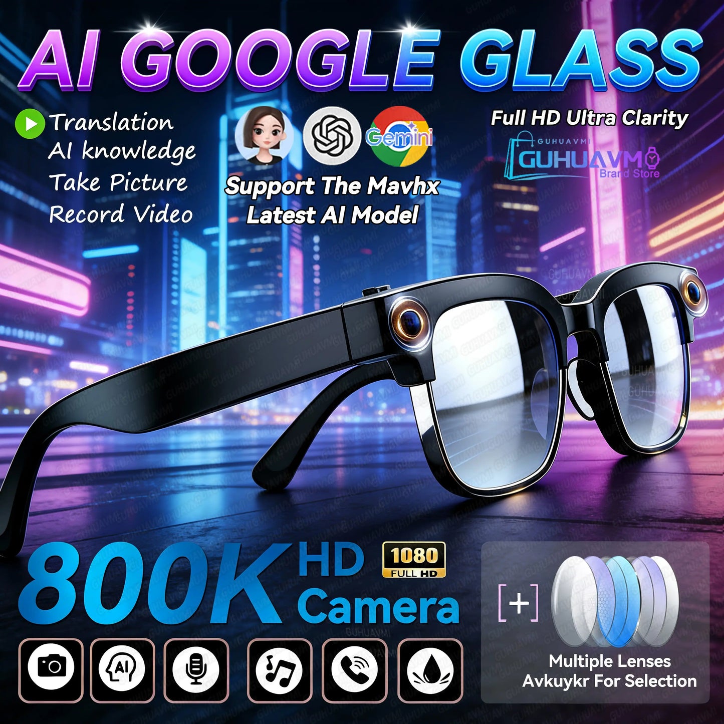 2026 AI Smart Glasses with 120+ Language Translation – 800W Camera, 8K Video, Music & Call Functions, Color-Changing Business Glasses for Men