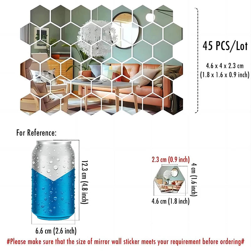 45Pcs Hexagon Mirror Wall Stickers - DIY Decorative Tiles for Home Wall Art Design